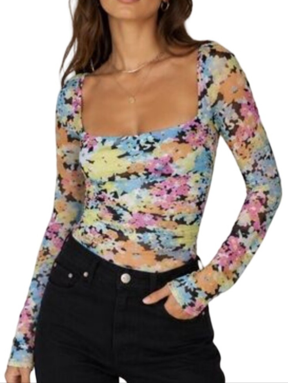 AFRM Pastel Multi Floral Square-Neck Long Sleeve Bodysuit | Micro Mesh | Chic |